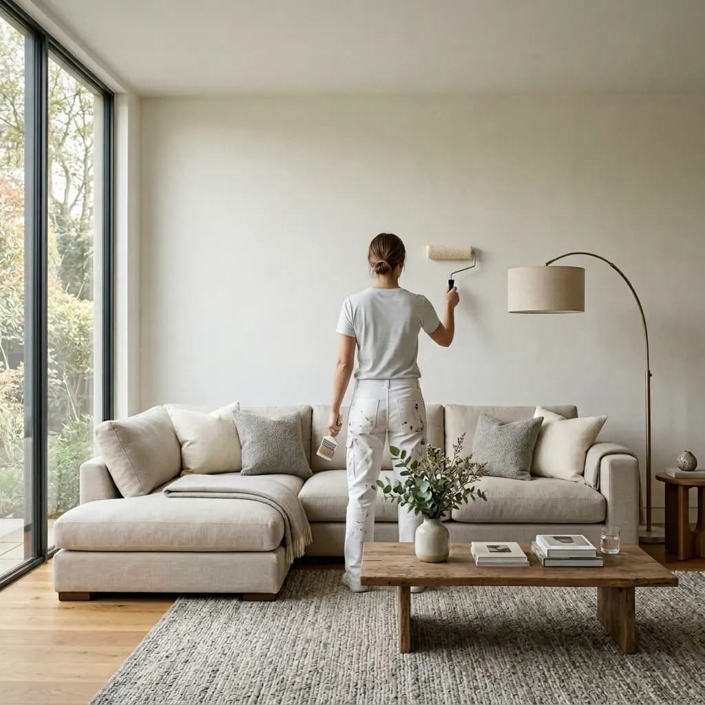Luxurious modern living room with a bare, plain back wall and a painter holding a roller